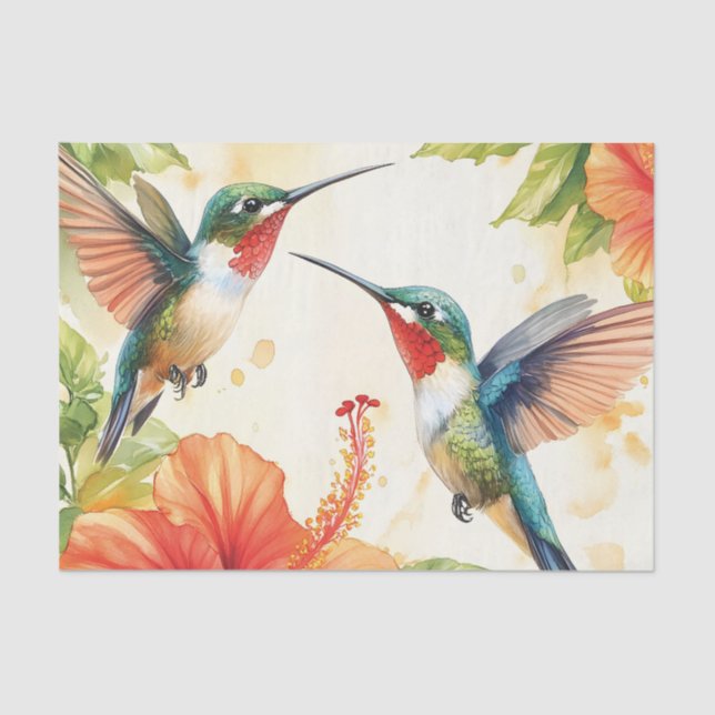 Papel De Seda Diseño de colibrí acuarela y flores (Anverso)