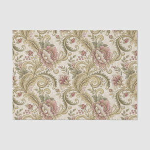 Papel De Seda Diseño de damasco de flores vintage verde y meloco