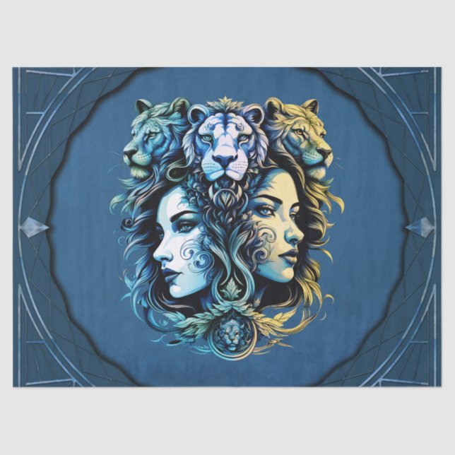 Papel De Seda Diseño de fantasía de cabezas de león y cabezas de (Anverso)