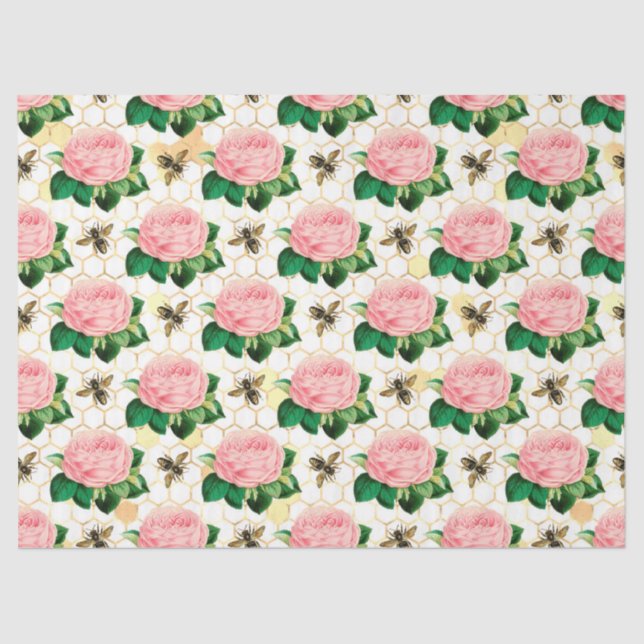 Papel De Seda Diseño de la serie de abejas rosadas y doradas 4 (Anverso)