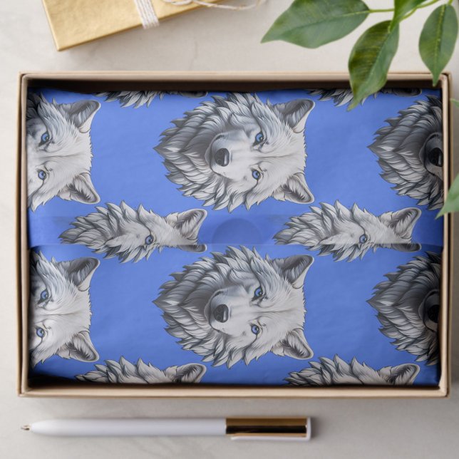 Papel De Seda Diseño de patrón de cabeza de lobo blanco azul (Subido por el creador)