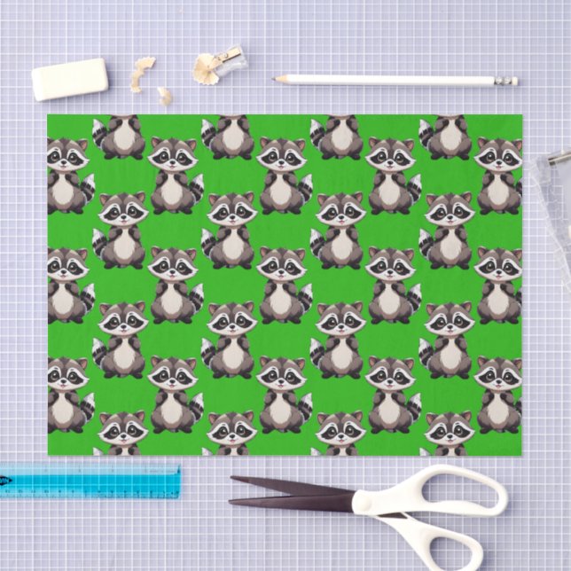 Papel De Seda Diseño de patrón de mapache verde (Artesanía)