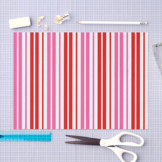 Papel De Seda Diseño de rayas verticales rosadas blancas rojas (Artesanía)