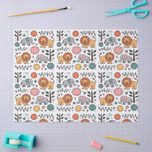 Papel De Seda Diseño estampado con leones y elefantes juguetones