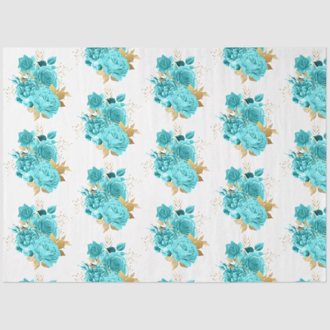 Papel De Seda Diseño floral Aqua y Gold 19 (Anverso)