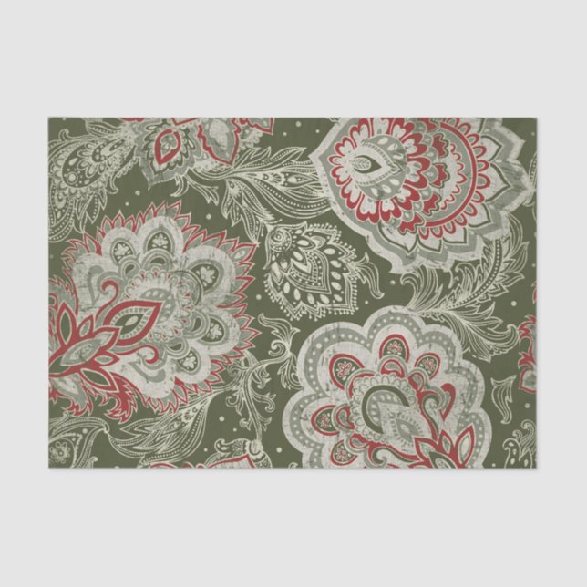 Papel De Seda Diseño paisley en tonos verdes y rojos (Anverso)
