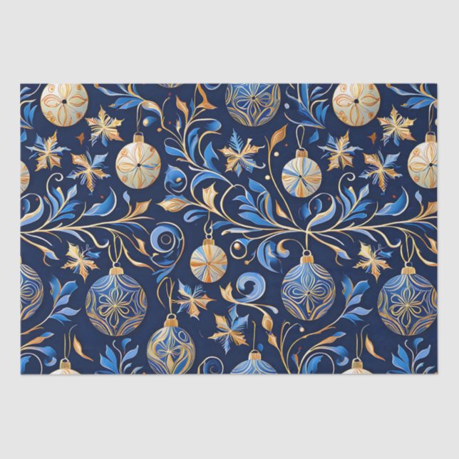 Papel De Seda Diseños de Navidades ornamentales azules y dorados (Anverso)