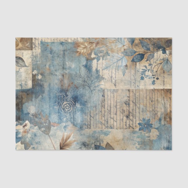 Papel De Seda Distressed Ephemera Collage in Blue and Beige (Anverso)