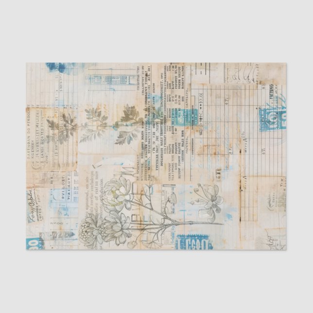 Papel De Seda Distressed Ephemera Collage with Blue Highlights (Anverso)