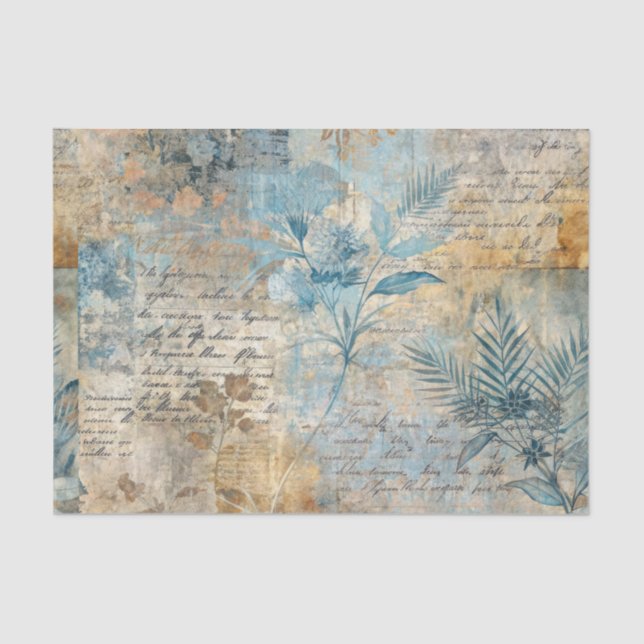 Papel De Seda Distressed Grungy Blue Floral Ephemera Collage (Anverso)
