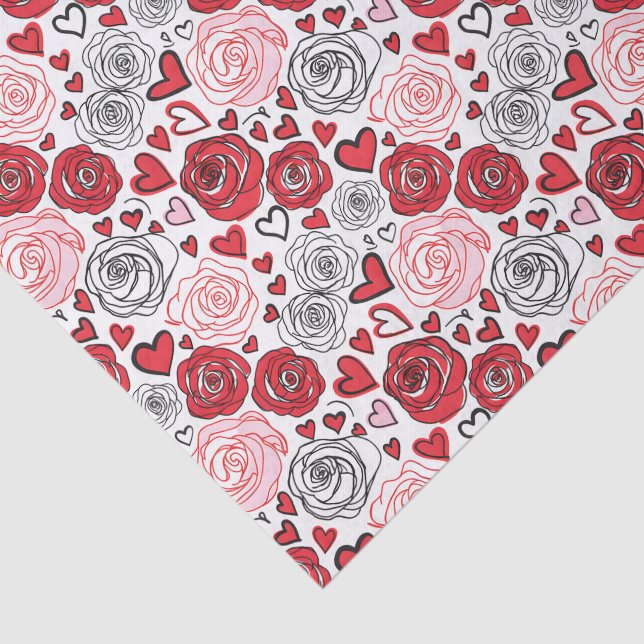 Papel De Seda Doodle Art Style Red Pink Roses Hearts Valentine's (Detalle)