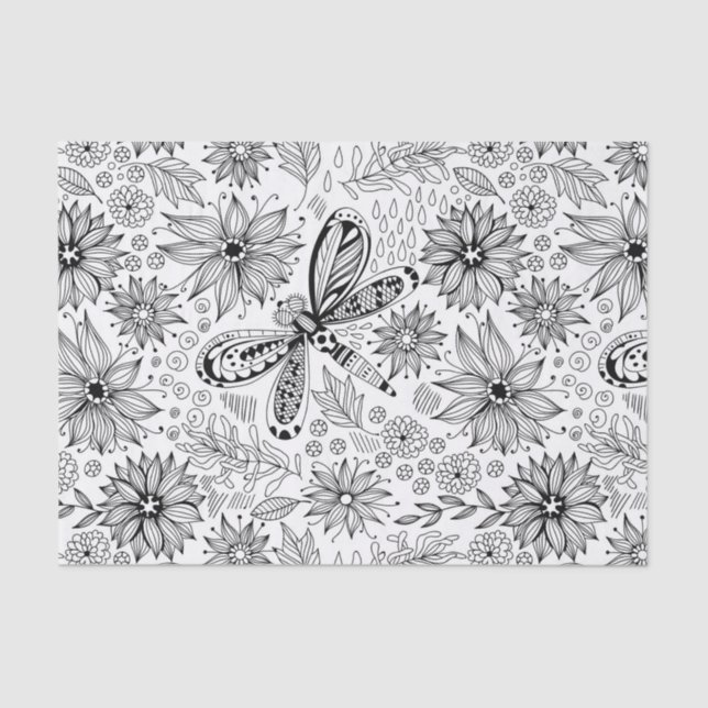 Papel De Seda Doodle de libélula y flores (Anverso)