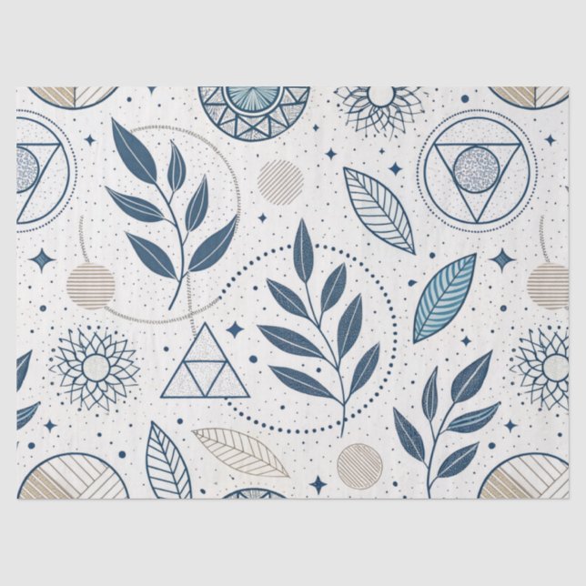 Papel De Seda Doodle geométrico botánico azul (Anverso)
