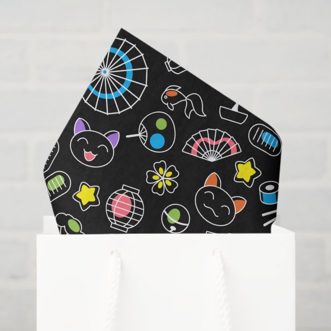 Papel De Seda Doodles de cultura kawaii japonesa sobre negro (Bolsa de regalo)