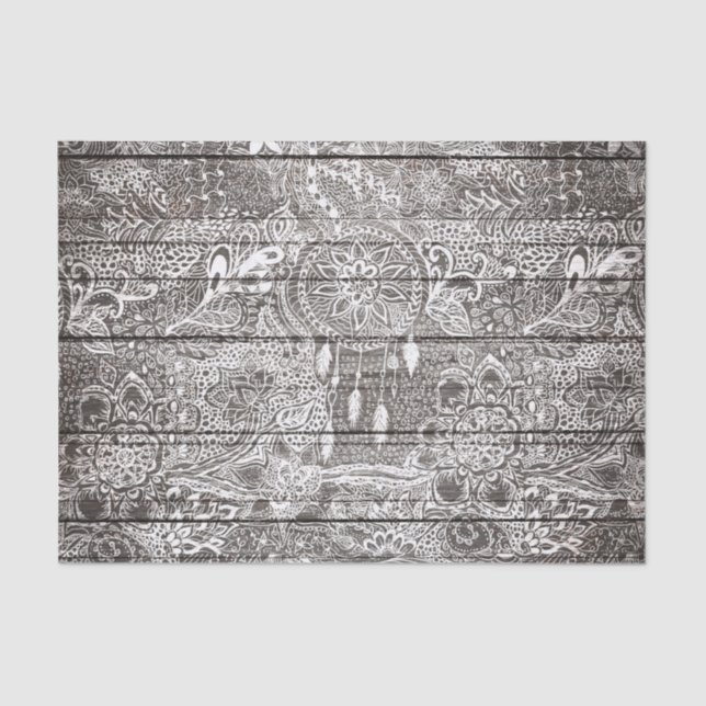 Papel De Seda Doodles florales del dreamcatcher rústico blanco (Anverso)