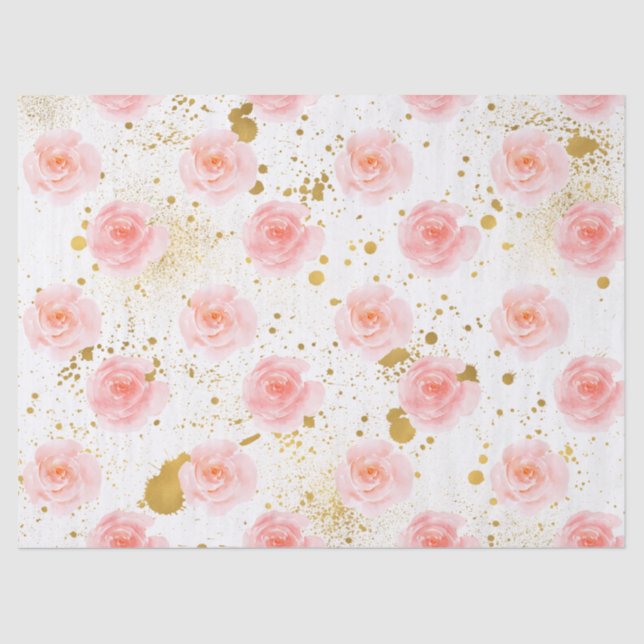 Papel De Seda Dorado salpicaduras de rosas rosas color de agua (Anverso)