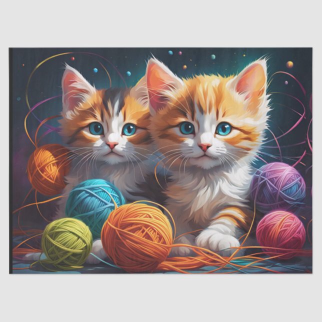 Papel De Seda Dos gatitos de corte con bolas de hilado (Anverso)