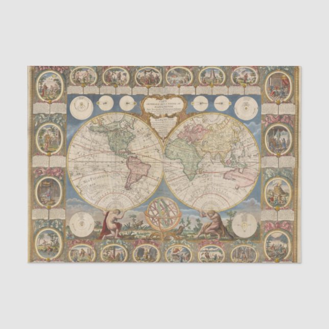 Papel De Seda Dos mapas históricos globos con viñetas (Anverso)