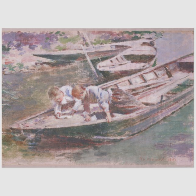 Papel De Seda Dos niños en un bote (por Theodore Robinson) (Anverso)
