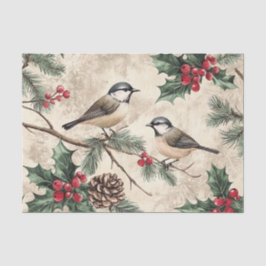 Papel De Seda Dos pájaros en ramas con bayas de acebo