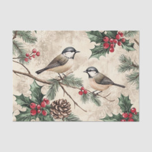 Papel De Seda Dos pájaros en ramas con bayas de acebo
