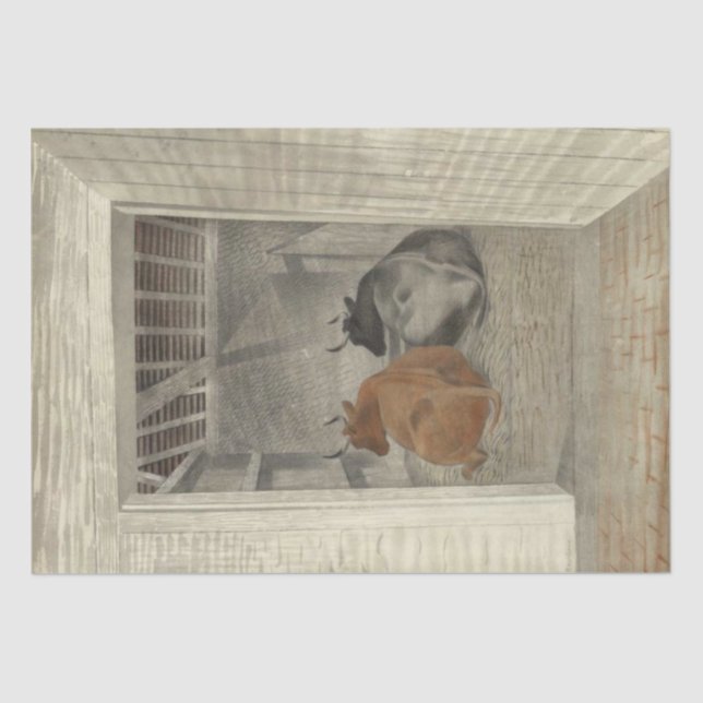 Papel De Seda Dos vacas en un establo (por Eric Ravilious) (Anverso)