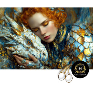 Papel De Seda Dragón Blanco Dorado Fantasía Reina Desnuda Arte