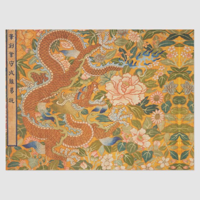 PAPEL DE SEDA DRAGÓN ENTRE PEONÍAS, FLORES, HOJAS VERDES, FLORES (Anverso)
