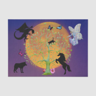 Papel De Seda Dragon Fantasy Tree de unicornio y luna llena