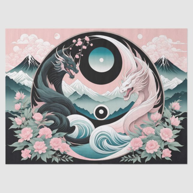 Papel De Seda Dragones Floral Montaña rosa Sage Verde azulado (Anverso)