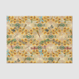 Papel De Seda  Dragonflies multicolores de girasol amarillo retr