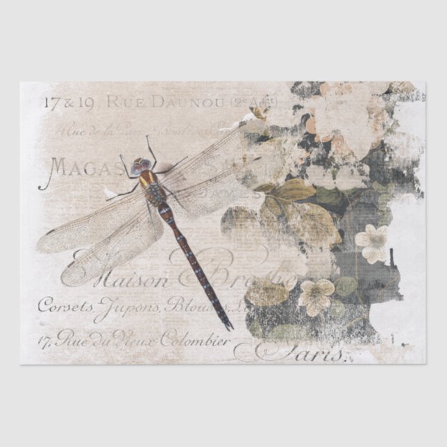 Papel De Seda Dragonfly escritura francesa Shabby Floral Decoupa (Anverso)