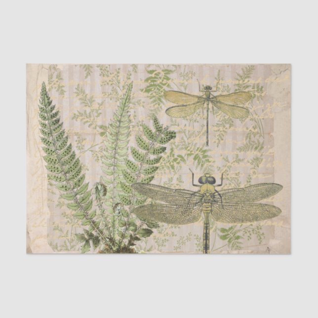 Papel De Seda Dragonfly Fern Francés Script Decoupage Vintage (Anverso)