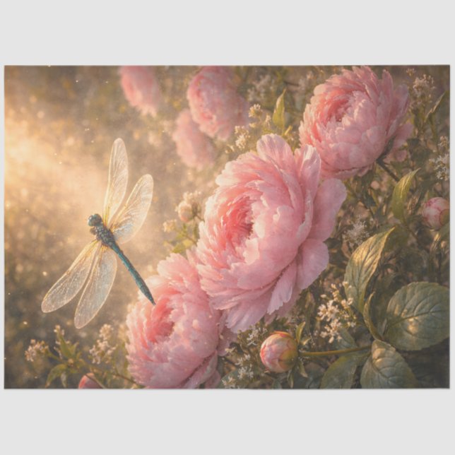 Papel De Seda Dragonfly Over Pink Peonies Spring Garden  (Anverso)