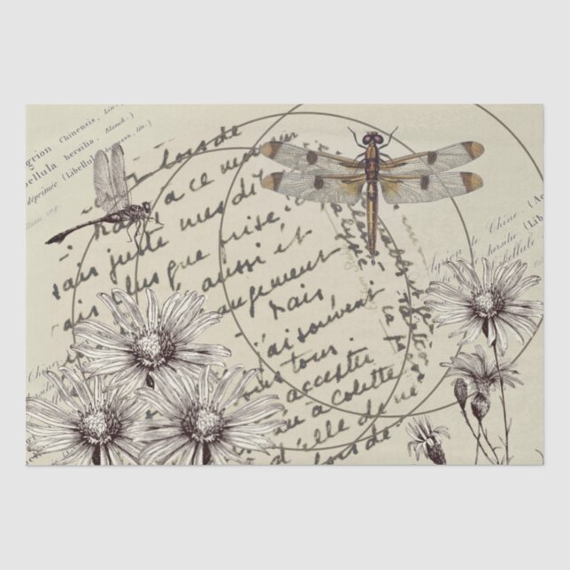 Papel De Seda Dragonfly Wildflower Circle Francés Palabras Desor (Anverso)