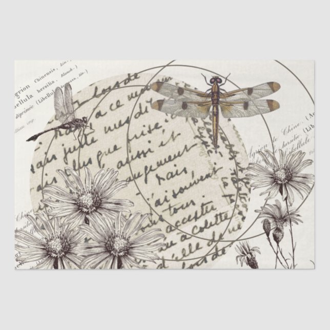 Papel De Seda Dragonfly Wildflower Circle Francés Palabras Desor (Anverso)