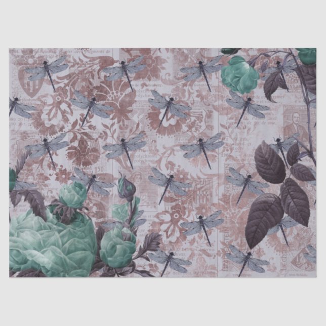 Papel De Seda Dragonfly y Purple Floral Newsprint (Anverso)
