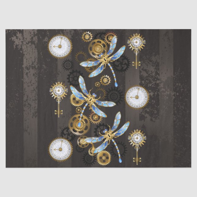 Papel De Seda Dragoniscos de Steampunk sobre fondo rayado marrón (Anverso)