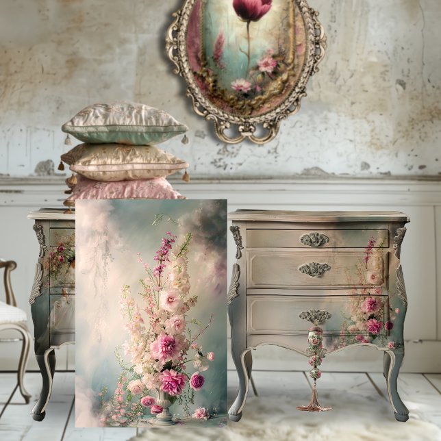 Papel De Seda Dreamy Whimsical Vase & Floral Still Life (Whimsical Floral, Romantic Still Life, French Interior, Vibrant Art, Decoupage Tissue Paper)