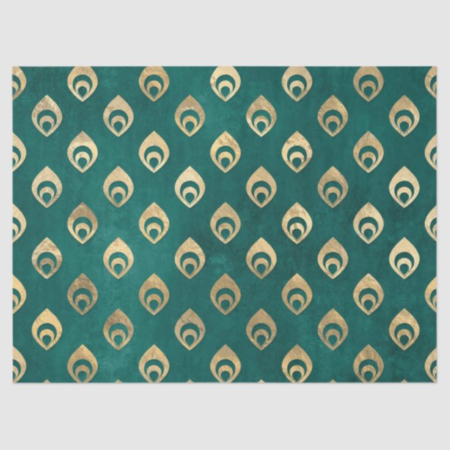 Papel De Seda Droplas abstractas de oro en Green Decoupage (Anverso)