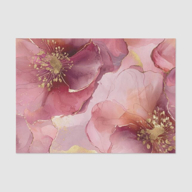 Papel De Seda Ducha de Novia de Flores Rosadas con Tono Burdeos  (Anverso)