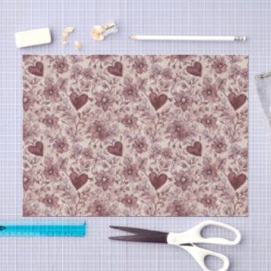 Papel De Seda Ducha de Novia Flores Corazones Rojo Burgundy Crem