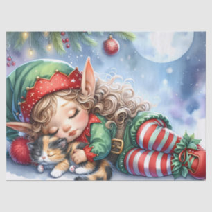 Papel De Seda Duende de Navidad durmiendo con gatito calico