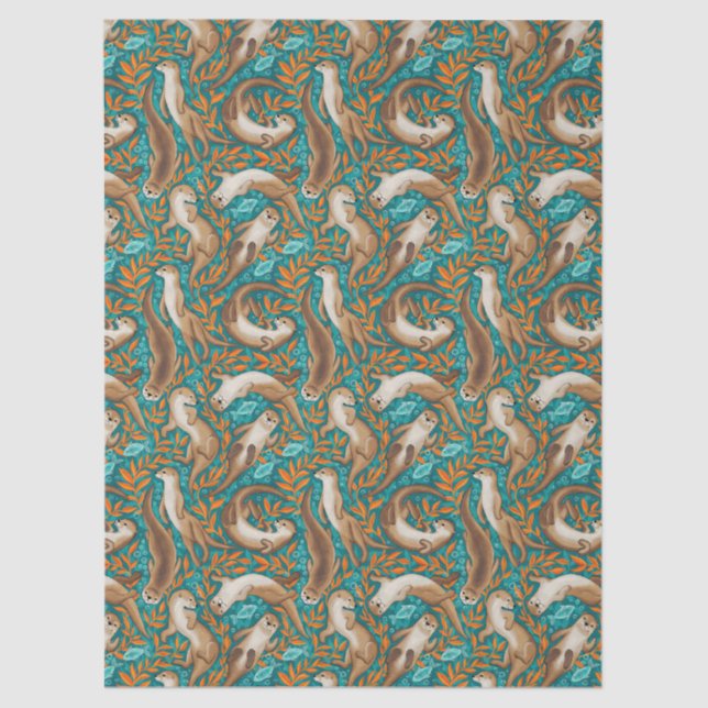 Papel De Seda Dulces nutrias de natación en Gouache Verde azulad (Anverso)