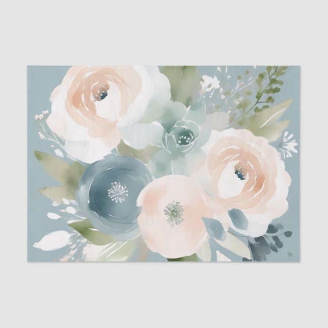 Papel De Seda Duste Blue Floral Elegante acuarela (Anverso)