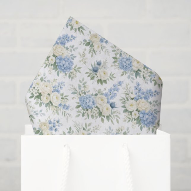 Papel De Seda Dusty Blue Cream Florals Wedding Bridal Shower (Bolsa de regalo)