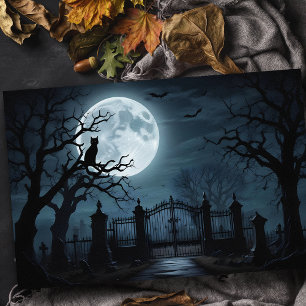 Papel De Seda Eerie Spookoky Graveyard con luna llena y gato neg