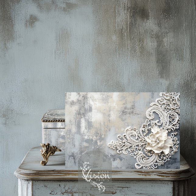 Papel De Seda Efecto Lace blanco desactivado, fondo plateado pat (Off White Floral Feature, Embroidered Lace effect, Silver Patina background, Decoupage Tissue Paper)