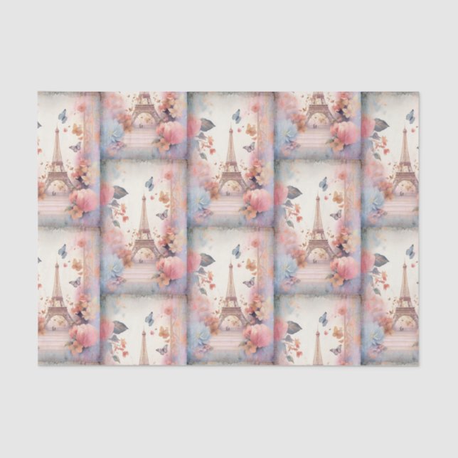 Papel De Seda Eiffel Tower Butterflies and Flowers Pattern (Anverso)