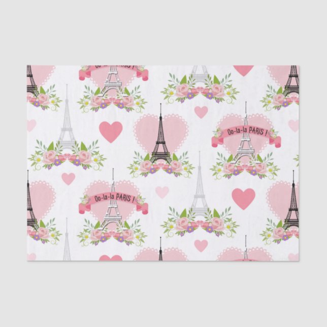 Papel De Seda Eiffel Tower Flowers Pink Hearts Paris French (Anverso)